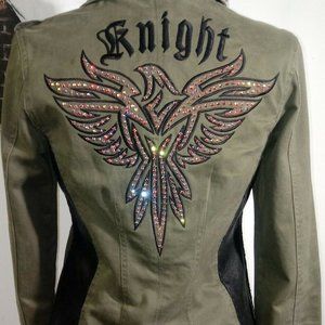 "JADED BY KNIGHT” Army Green Moto Blazer/Black Real LeatherAccents&Crystals M